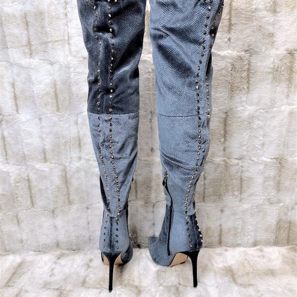 So Me Blue Studded Thigh High Pointy Toe High Heel Boots - Picture 6 of 11